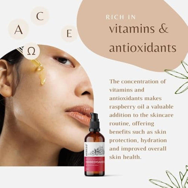 HEBESO - Raspberry seed oil 100% - Cold-Pressed 100ml - Anti-aging, nourishing, rich in vitamins A/E, EFAs - Treats wrinkles, fine lines, dry skin - Face care