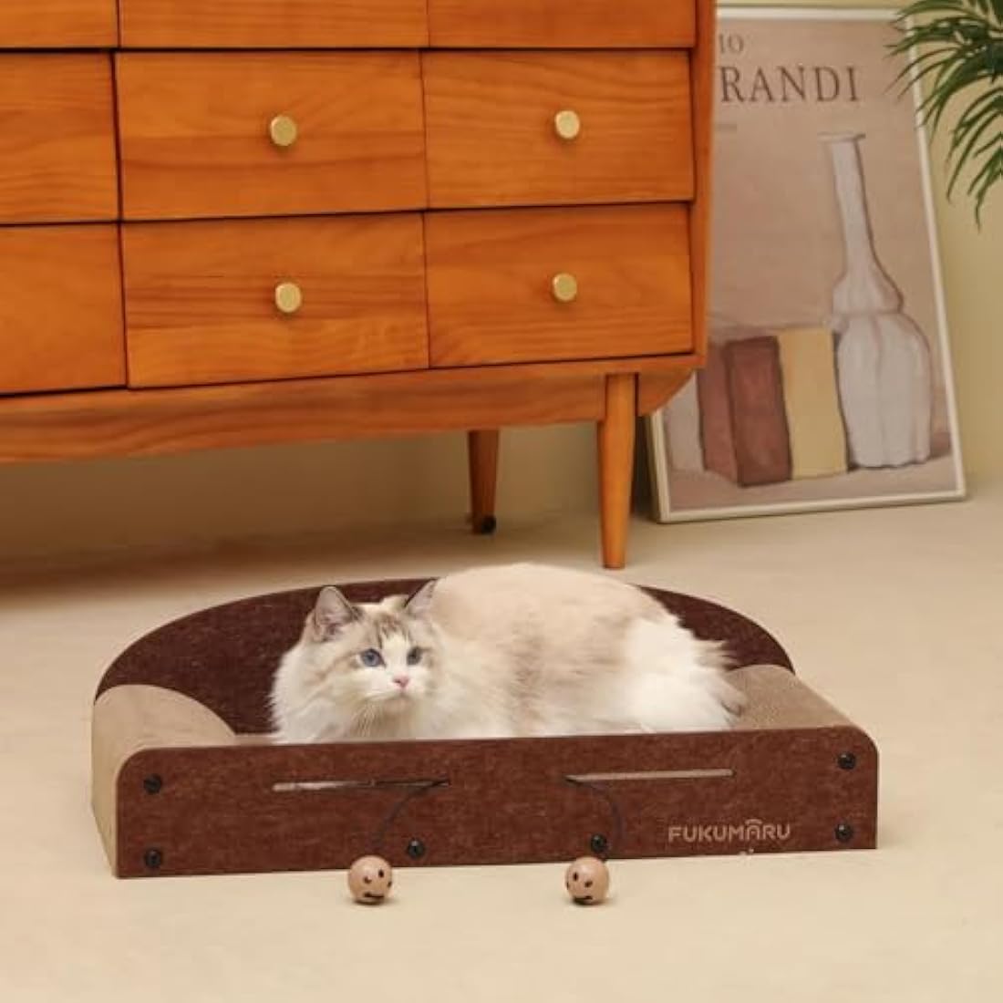 FUKUMARU Cat Scratcher Lounge - 66cm Long Durable Cardboard Lounger with 2 Reversible Pads, Recyclable, Bell Ball Toy