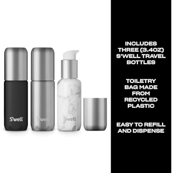S'well 3.4oz Travel Bottle Set - Includes 3 Lightweight & Recyclable Aluminum Bottles - Leak-Proof Pumps are Suitable for a Range of Liquid Soaps, Lotions, Sanitizers & More - TSA Carry-On Approved