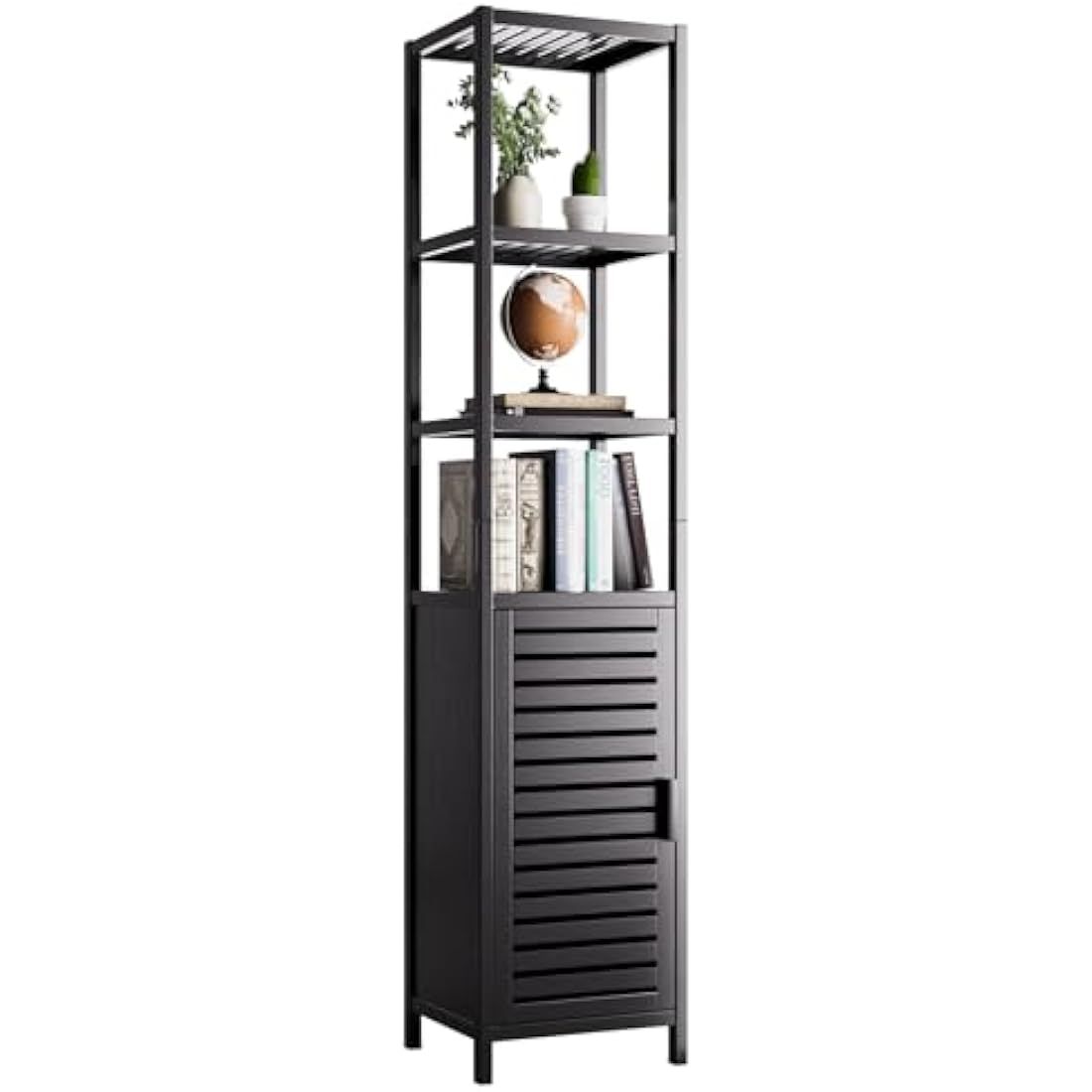 HITNET Tall Bathroom Storage Cabinet, 67 Inch Bamboo Freestanding Linen Tower Corner Shelf with 4 Open Shelves and Shutter Door for Small Space, Black