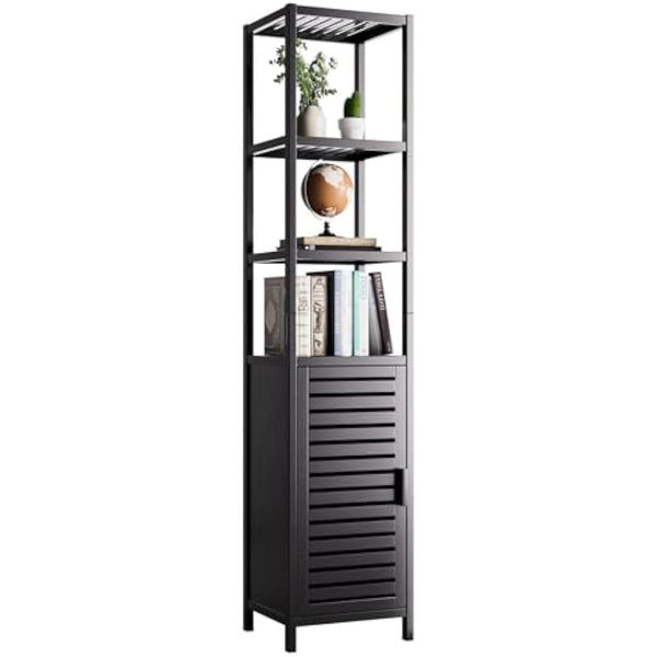 HITNET Tall Bathroom Storage Cabinet, 67 Inch Bamboo Freestanding Linen Tower Corner Shelf with 4 Open Shelves and Shutter Door for Small Space, Black