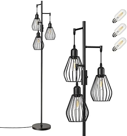 EDISHINE Industrial Floor Lamp, Dimmable Standing Lamp with Wire Cage Lampshade, Floor Lamps for Living Room, Bedroom, E27 Sockets, 3 LED Bulbs Included, Black Metal