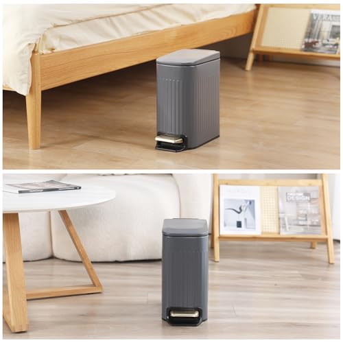 ELPHECO Slim Bathroom Trash Can Foot-Operated Stainless Steel Garbage Can with Soft Close Lid Step Trash Bin with Removable Inner Bucket for Bedroom, Office, Kitchen (Matt Grey, 1.8 Gallons)