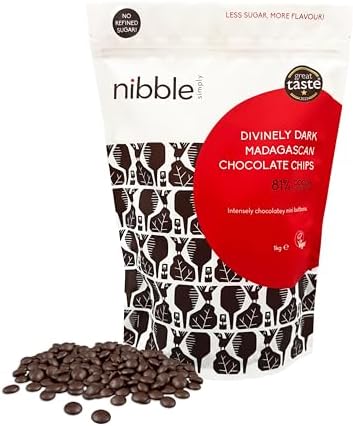 Nibble Simply 1kg Divinely Dark Madagascan Chocolate Chips, 81% Cocoa Mass - Single Origin - Vegan - No Refined Sugar