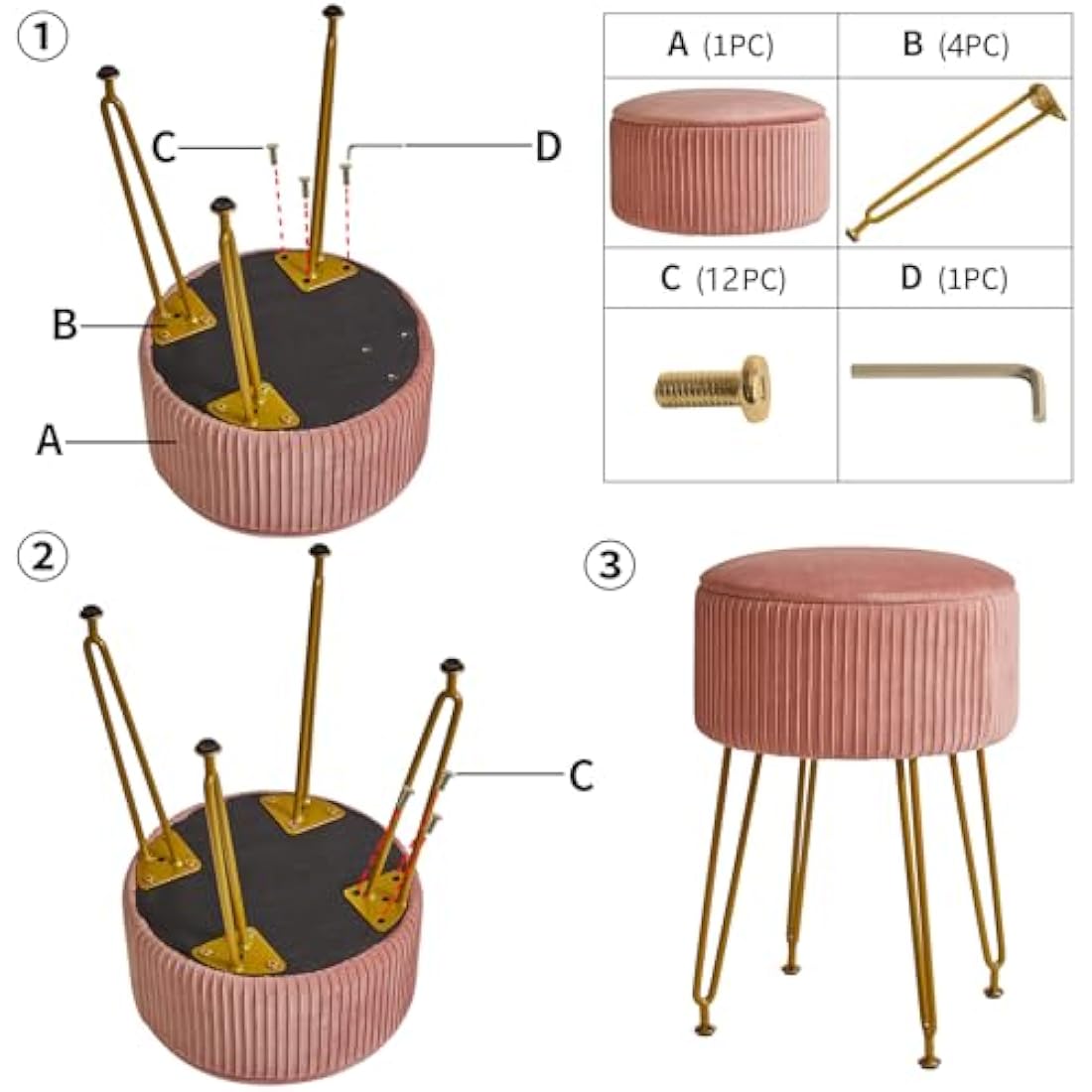 IBUYKE Velvet Storage Footrest Stool Ottoman, Makeup Vanity Stool Side Table with Golden Steel Legs Removable Cover, Coffee Table Top Cover, Pink L/G-20P