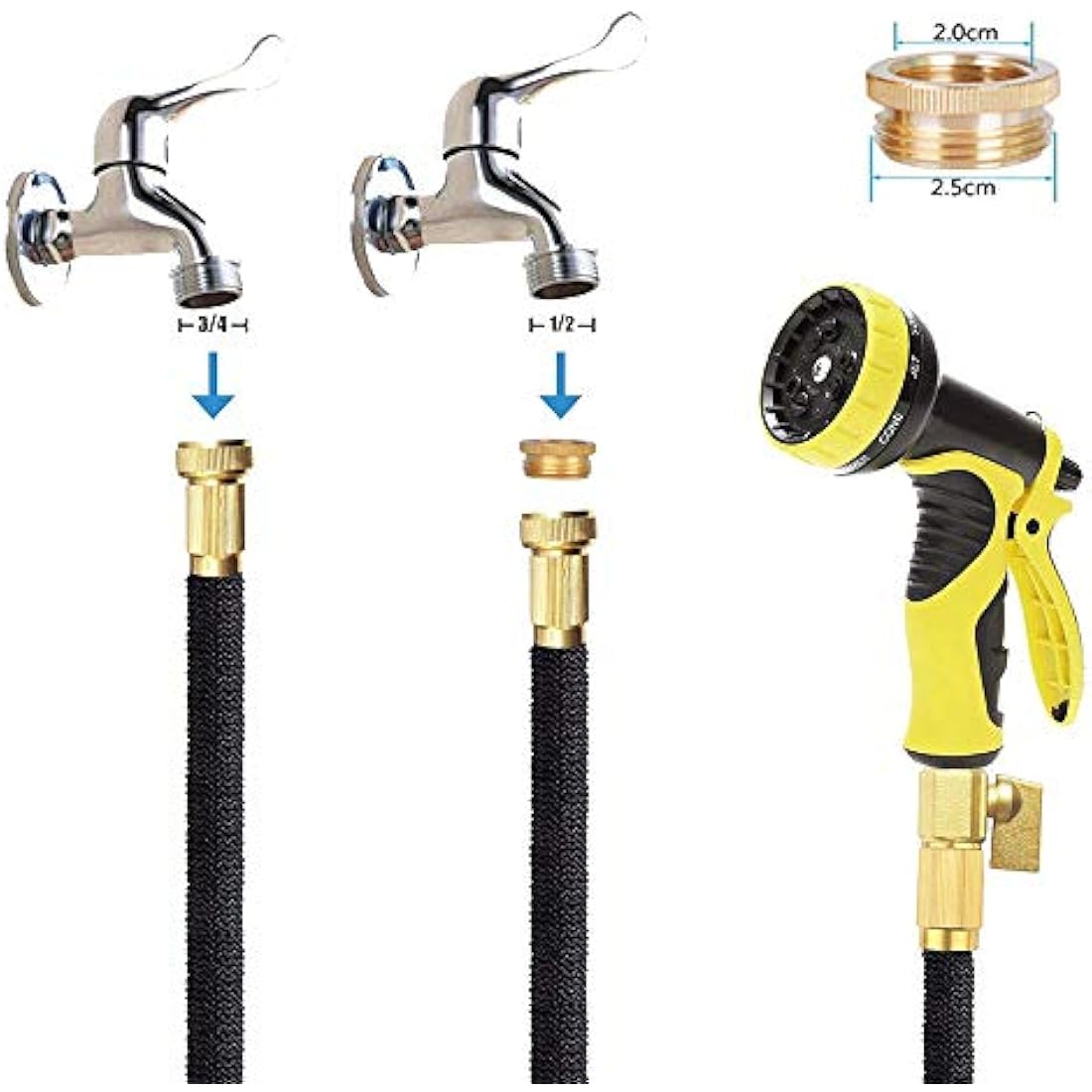 HmiL-U Garden Hose 50ft 15m Strongest Double Latex Inner Tube Prevent Leaking Magic Hosepipe with 9 Function Spray Gun+Solid Brass Fittings (Retracted Length 17ft)【2 YEARS 100% Guaranteed】(50ft)