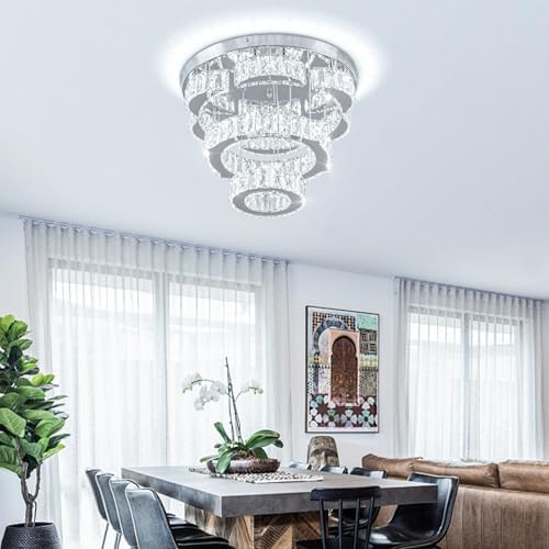 FRIXCHUR 15.7" Modern Crystal Chandelier Flower LED Flush Mount Ceiling Light 2 Rings Pendant Lights Chandeliers for Living Room Dining Room Bedroom (Cool White)