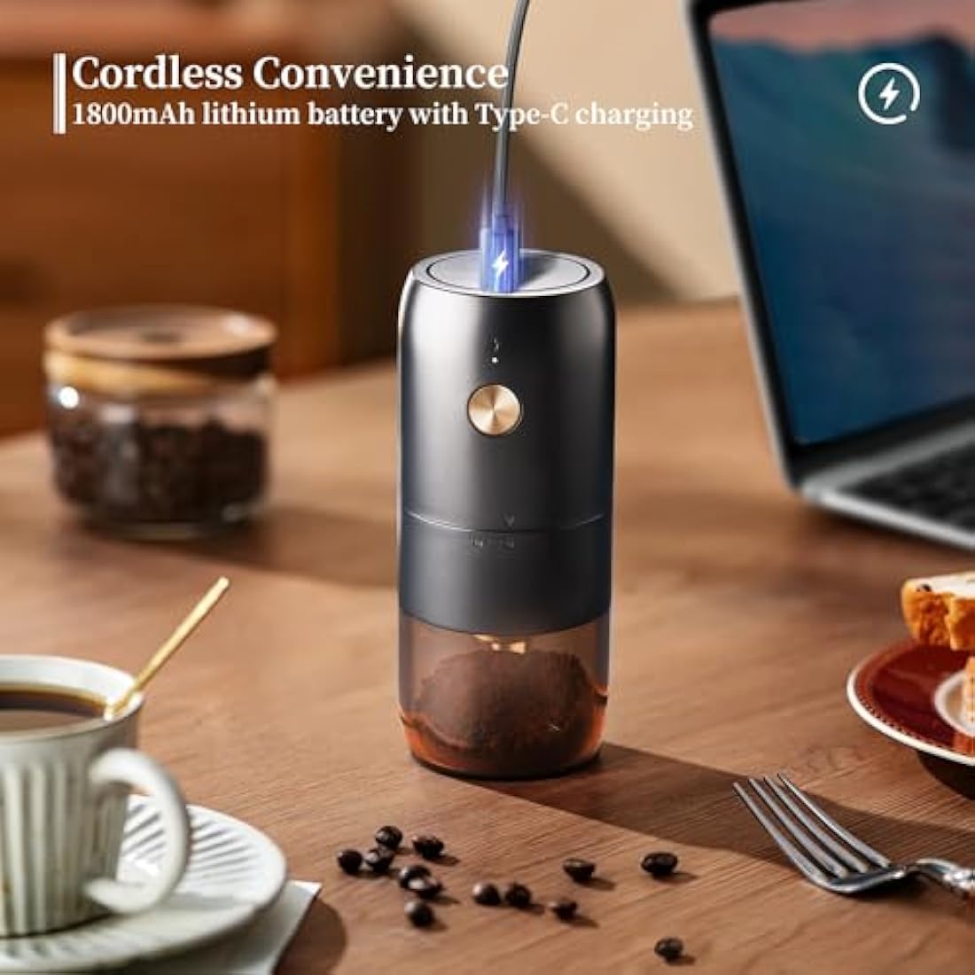 ELMWAY Mini Electric Coffee Grinder – Rechargeable & Portable, Stainless Steel Conical Burr, One-Touch Grinding with Auto Stop, Internal Adjustable Grind Settings, Perfect for Single Servings – Black