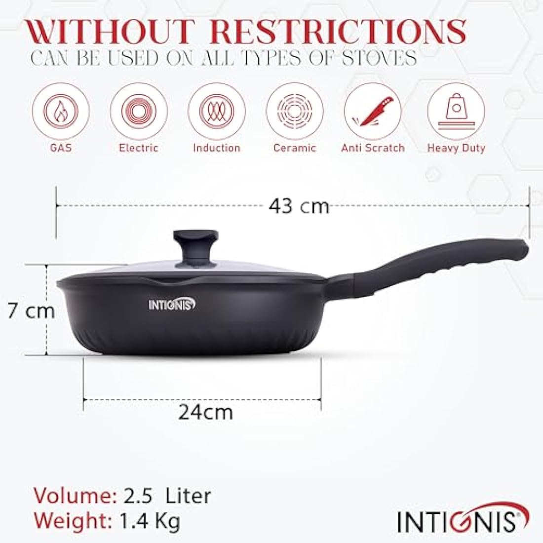 INTIGNIS Deep Non-Stick Frying Pan with Lid – 3-in-1 Sauté Pan, Skillet & Mini Wok – GREBLON Ceramic Coating | Induction Hob Safe | Stainless Steel Base |PTFE & PFOA Free (Black, 24 cm)