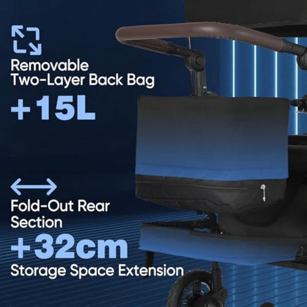 Sekey Kids Folding Handcart Wagon with Removable Canopy, Versatile Foldable Transport Trolley for Family Outings Including Shockproof PU Wheels, 220LBS(100KG) Weight Capacity, Push Handle, Black