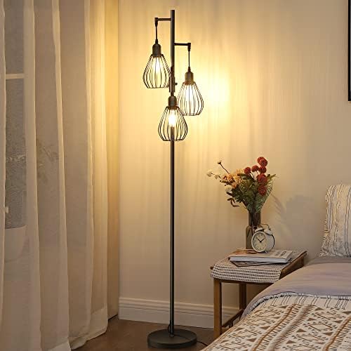 EDISHINE Industrial Floor Lamp, Dimmable Standing Lamp with Wire Cage Lampshade, Floor Lamps for Living Room, Bedroom, E27 Sockets, 3 LED Bulbs Included, Black Metal
