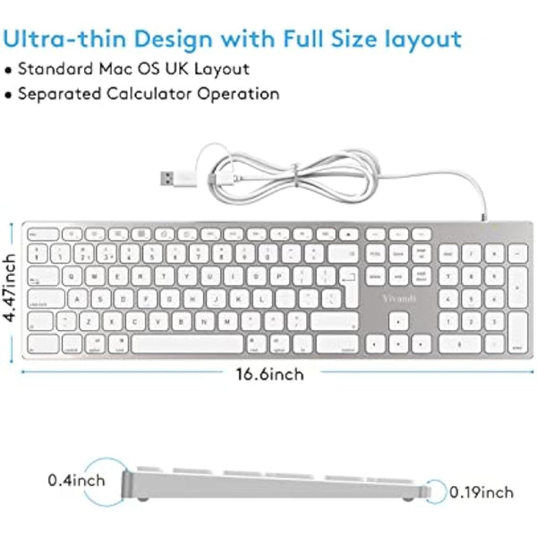 All-Aluminium Wired Keyboard for Apple Mac OS Layout with Numeric Keypad, Durable and Sleek Design, Plug-n-Play Cable Connection in USB-A or USB-C, Compatible with iMac/Mac Mini/MacBook Laptop-Silver