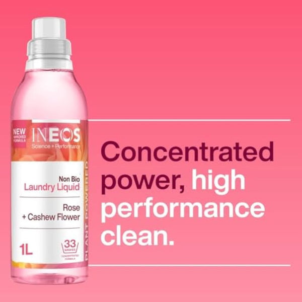 INEOS Next-Gen Non Bio Laundry Washing Liquid Detergent, 198 Washes (6 x 1L), High Performance Stain Remover For Clothes, Plant Powered, For Sensitive Skin, Rose + Cashew Flower, Packaging May Vary