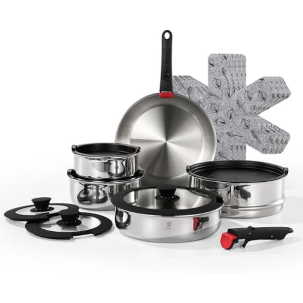 ROYDX 18/10 Stainless Steel Pan Set with Detachable Handles, 16 Piece Stackable Saucepan Set with Steamer, 24cm / 26cm Frying Pans with Pot for All Stoves inclu.Induction and Gas, Oven Proof