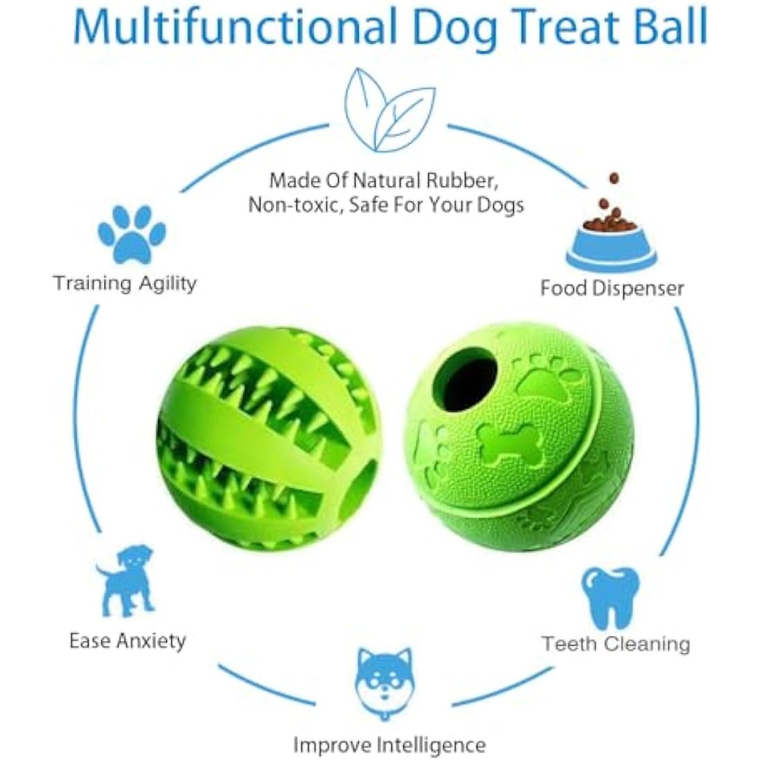 Feixun Dog Treat Toy Ball, Rubber Dog Food Ball,Dog Tooth Cleaning Toy Ball, Interactive Dog Toys 7.6-8.1cm (1*Green Type A + 1* Green Type B)