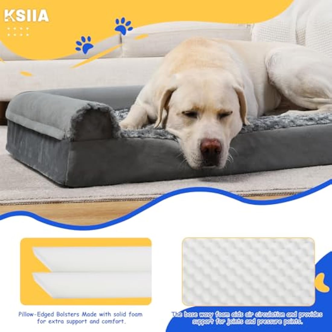 KSIIA Large Dog Bed, Orthopedic Dog Sofa Beds Pet Bed, Dog Couch with Removable Washable Cover, Waterproof Dog Bed, Pet Sofa with U-Shape Bolster, Grey 91x68x16cm