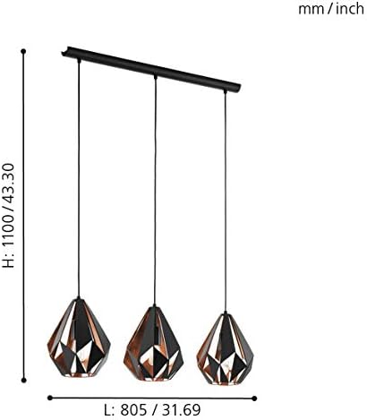 EGLO Carlton 1 pendant light, 3-flame vintage ceiling lamp, retro steel hanging light, Colour: Black, copper, Socket: E27