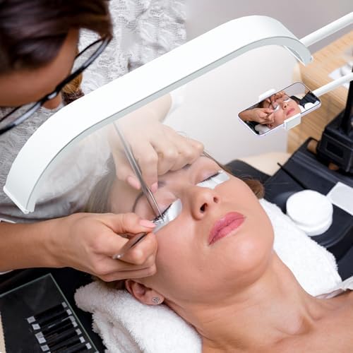 Lmaqfum Lash Light for Eyelash Extensions, 2 in 1 Half Moon Lamp with Phone Holder & 50cm Swing Arm, 7 Colours & Stepless Dimming, Esthetician Light with Wheel Stand for Eyelash Extension, White