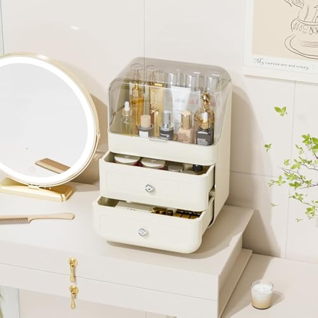 RMAN Makeup Organiser, Large Capacity Makeup Storage with Clear Lid and 2 Drawers for Cosmetics, Perfumes, Skincare, Waterproof and Dustproof - Cream White