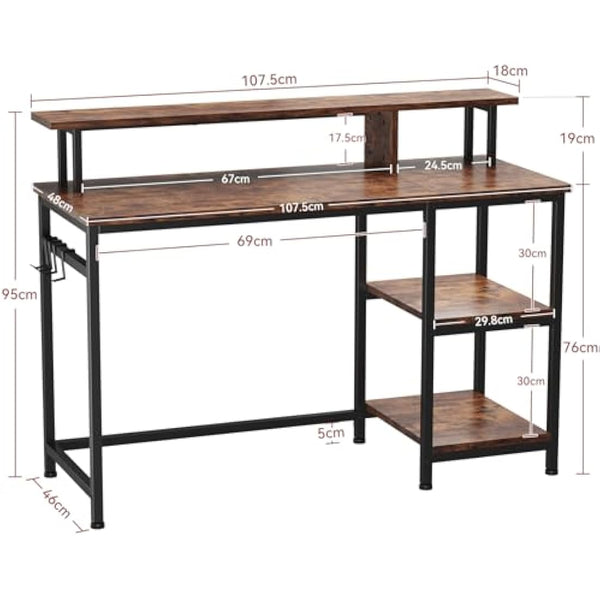 Dripex Computer Desk Home Office Desk with Monitor Stand & Storage Shelves Rustic Brown Work Writing Desk Gaming Table for Small Spaces (L107.5x W48x H95cm)