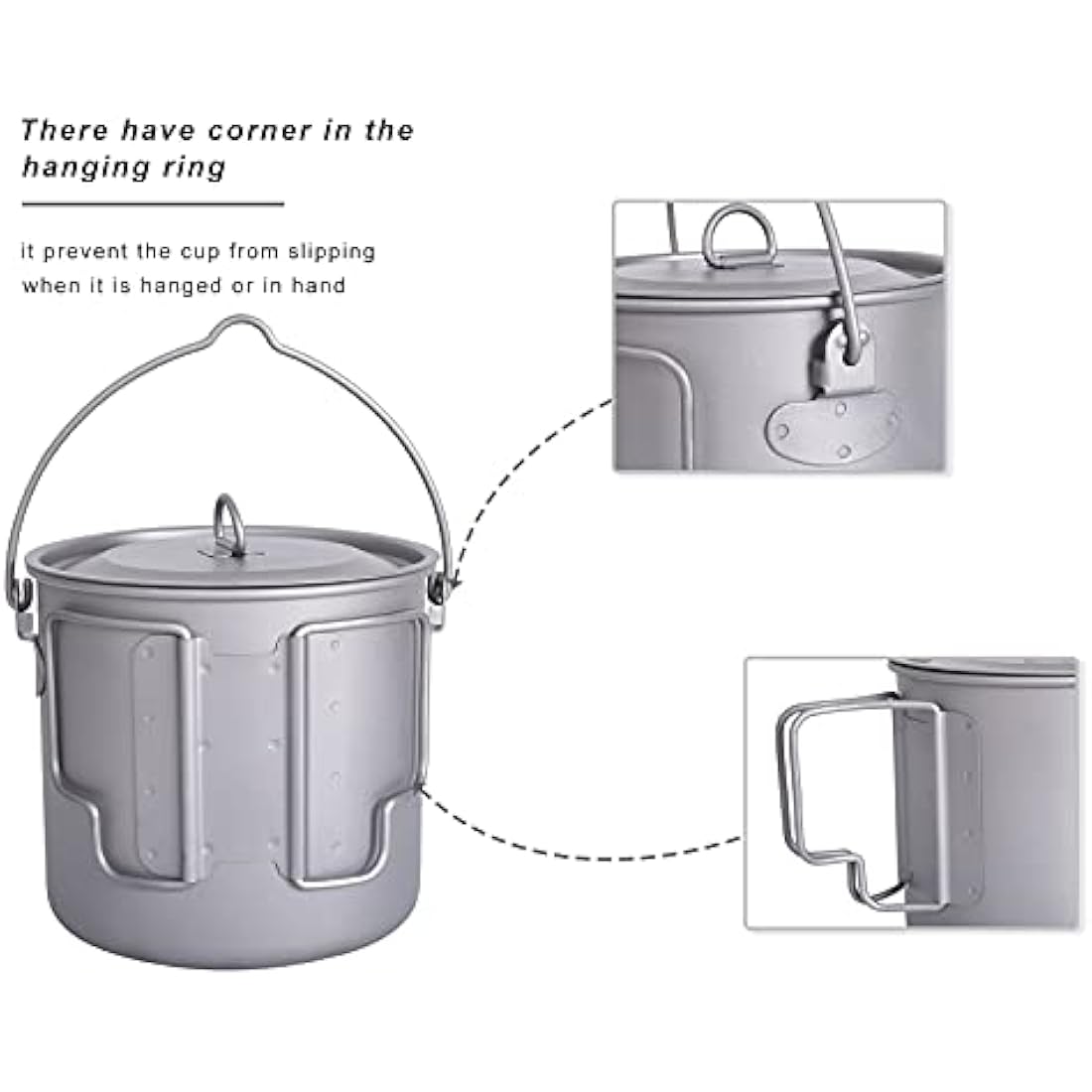 iBasingo 1100ml Titanium Mug Camping Cup Tea Coffee Water Pot with Lid Ultralight Outdoor Travel Tableware with Foldable Handle Picnic Backpacking Trekking Portable Drinkware Survival Gear Ti3041D