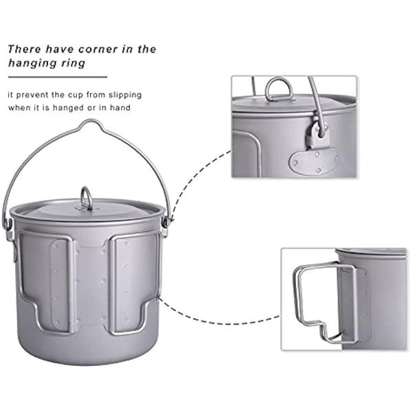 iBasingo 1100ml Titanium Mug Camping Cup Tea Coffee Water Pot with Lid Ultralight Outdoor Travel Tableware with Foldable Handle Picnic Backpacking Trekking Portable Drinkware Survival Gear Ti3041D