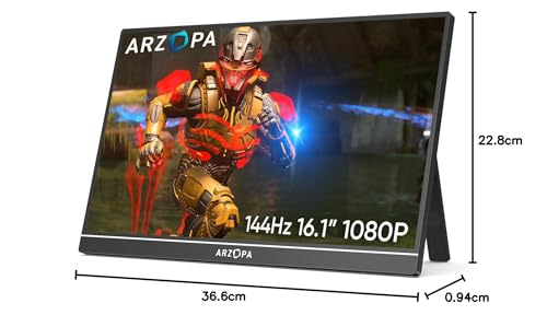 ARZOPA 16.1'' 144Hz Portable Monitor with Storage Bag, 100% sRGB 1920×1080P FHD HDR 144HZ Gaming Monitor, Ultra Slim - Eye Protection-External Second Screen for Laptop/PC/Mac/PS3/4/5/Xbox - Z1FC（Grey）