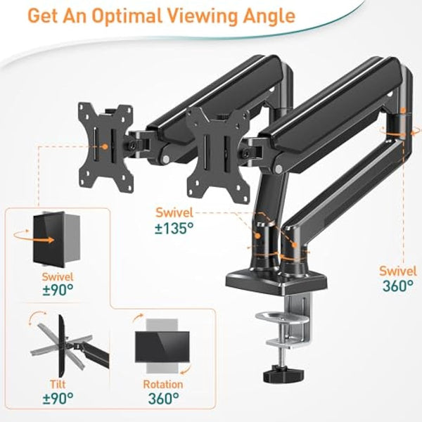 ELIVED Dual Monitor Arm Adjustable, Gas Spring Ergonomic PC Monitor Stand for Most 13-32 Inch Screens with VESA 75x75/100x100, with C-Clamp and Grommet Base, EV005