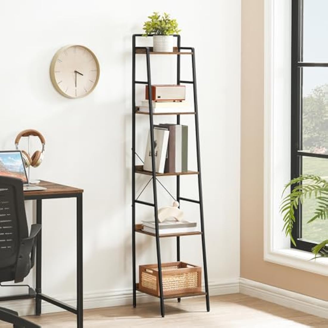 HOOBRO Ladder Shelf, Tall Narrow Bookcase, 5-Tier Book Shelf with Metal Frame, Tall Storage Shelf, Industrial Storage Unit for Home Office, Living Room, Bedroom, Rustic Brown and Black EBF35SJ01