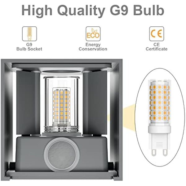 Klighten 2PCS Outdoor Wall Light with Motion Sensor, Waterproof IP54 Outside Wall Lamps with Sensor, Adjustable Beam Angle, Warm White 3000K, Grey (G9 LED Bulb Include)