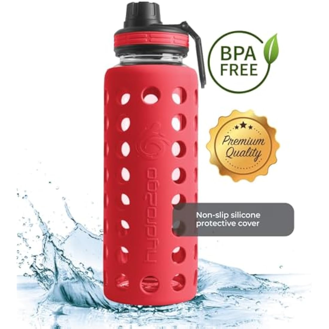 hydro2go Glass Water Bottle with Silicone Sleeve – 100% Leak-Proof, BPA-Free, Dishwasher Safe, 2 Replaceable Lids – Perfect for Office, Fitness, Yoga, Sports & Outdoors (Urban Red 2.0) – 950 ml