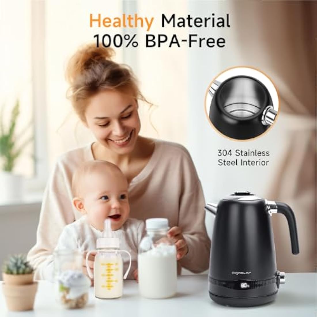Aigostar Electric Kettle with Variable Temperature (40°C-100°C), 1.7L Digital Kettle Keep Warm, Fast Boil Smart Eco Kettle, Boil-Dry Protection, Stainless Steel, 2200W, Black - Loki