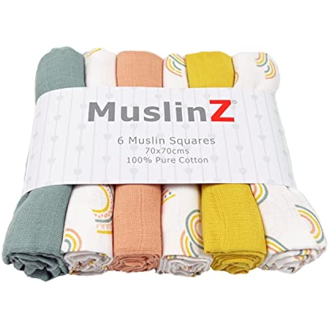 MuslinZ Muslin Squares - Muslin Cloths for Baby - Baby Burp Cloths - 6 Pack Muslins - Large 70x70cm - Boy, Girl, Unisex - Cotton - Absorbent & Breathable - Multi Use Newborn Cloths (Scandi Rainbow)