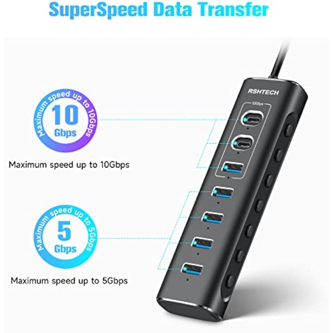 RSHTECH Powered USB 3.1/3.2 Hub, 7-Port USBC Hub with 3x 10Gbps Data Ports (2C+1A), 4x USB-A 3.0 and 12V/2A 24W Power Adapter, Aluminum USB3.2 Splitter with 3.3ft USB Cable (RSH-A107C)