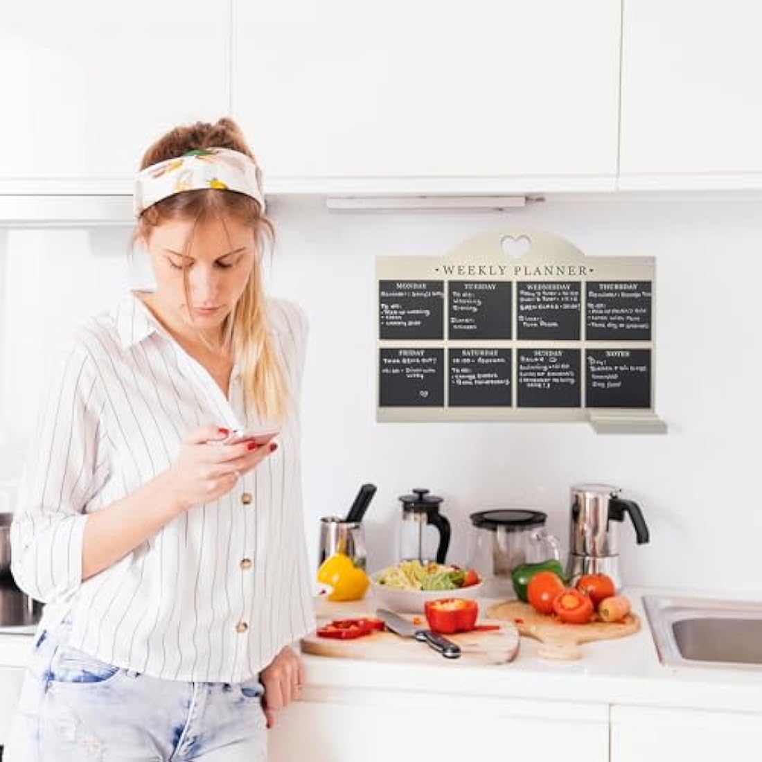 Empire Weekly Planner and Menu Board for Kitchen, Work Planner Blackboard, Wall Mounted Daily Planner with a Pen, to Do List, Dry Erase Meal Planner with White Cloth for Office & Home (Large, Cream)