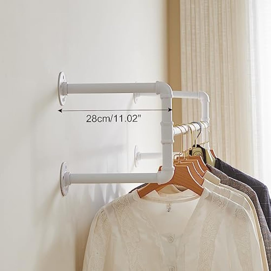 IBUYKE 50" Wall Mounted Coat Rack Industrial Design Wall Mount Removable Clothes Rack Space Saving Rack Load up to 60kg Four Bases White TYJ002W-2
