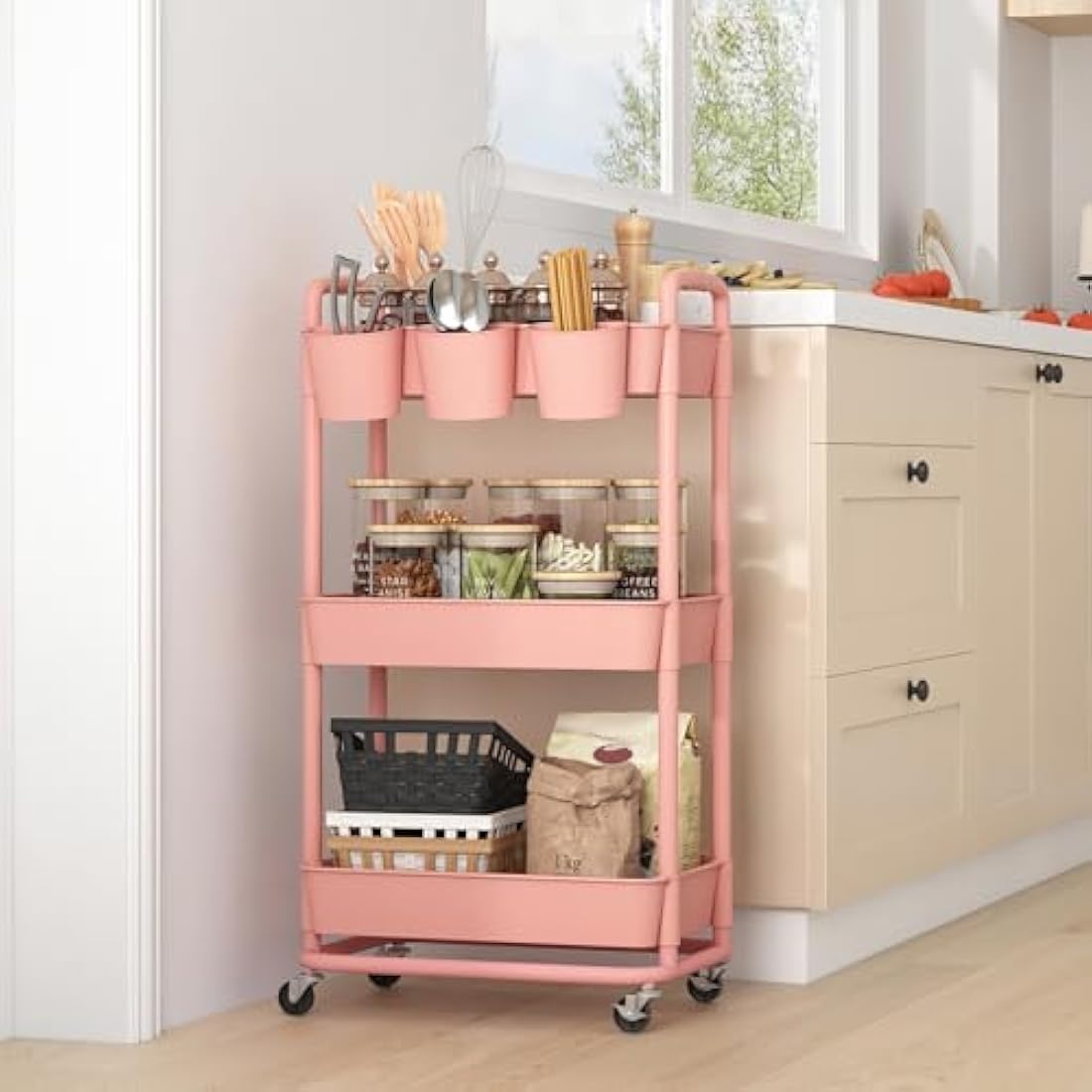 JIUYOTREE 3-Tier Plastic Rolling Storage Cart Utility Cart with Extra Hanging Cups Handles Lockable Wheels for Living Room Bathroom Kitchen Office Pink