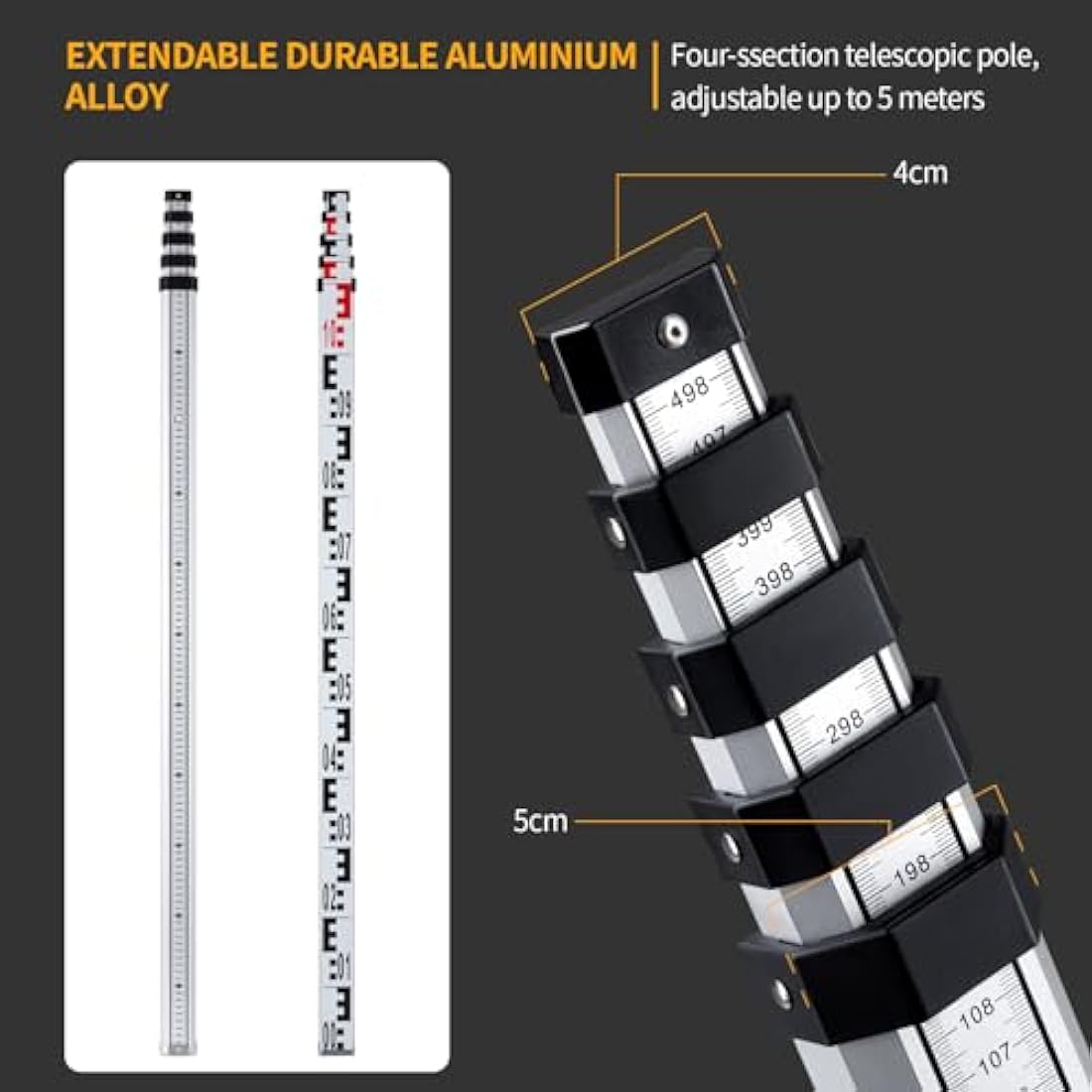 Firecore Levelling Staff, Telescopic Levelling Staff 5m, Aluminium Measuring rods for Cross line Lasers and Rotating Lasers, Measuring Staff with Spirit Bubble, 5m Length in 5 Segments, mm/dm Scale