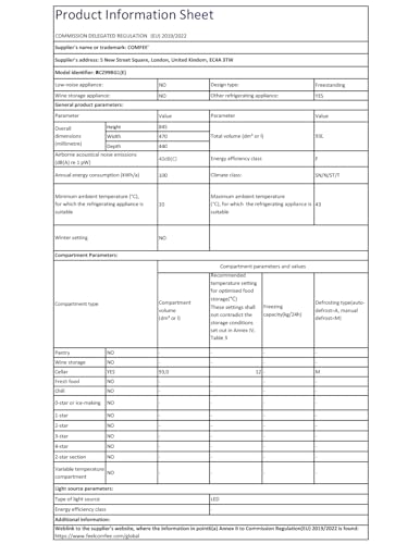 COMFEE' RCZ99BG2(E) Under Counter Beer & Drinks Fridge-93L Capacity,Holds up to 115 Cans, Premium Temperature Performance (2℃ to 15℃), Full Length Low-E Glass, Removable Shelves, LED Light, Low Noise