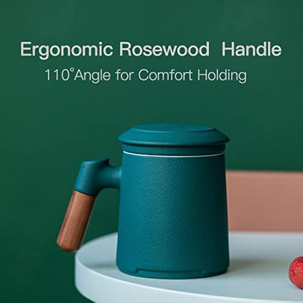 ZENS Tea Mug With Infuser and Lid, 360ML Ceramic Loose Leaf Cup With Fine Strainers, Wood Handle for Hot Brewing, Accessories for Women Tea Lovers Gifts