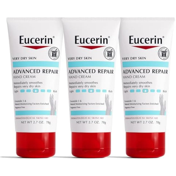 Eucerin Advanced Repair Hand Cream - Fragrance Free, Hand Lotion for Very Dry Skin - 2.7 oz Tube (Pack of 3)