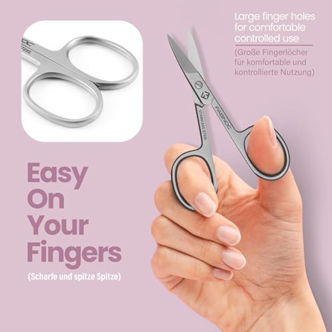 FABINOC® Curved Nail Scissors for Finger & Toenails | German Quality Stainless Steel | Small Sharp Bathroom Scissors for Eybrow, Nose, Moustache Trimming