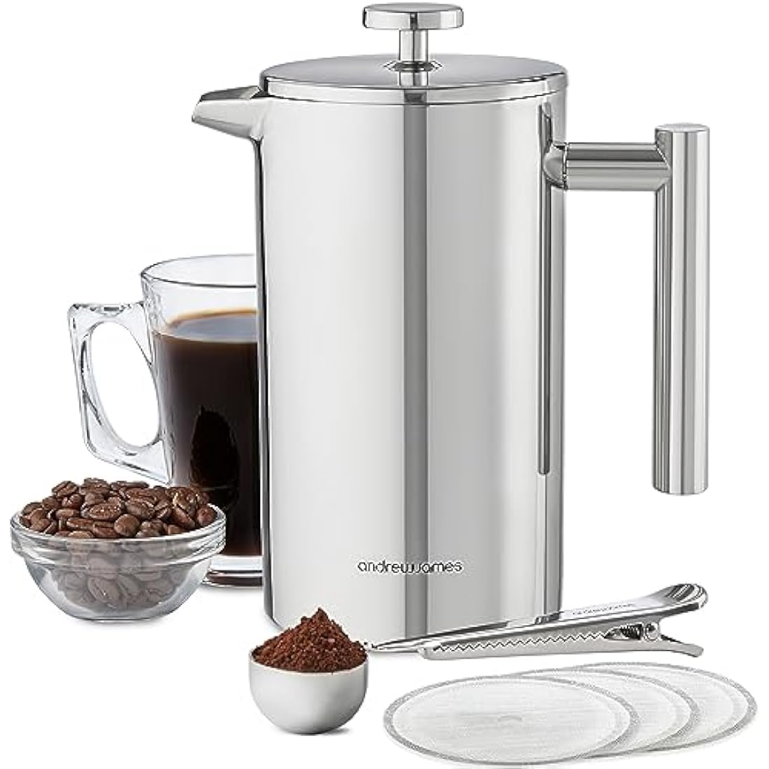 andrew james Double Walled Stainless Steel Cafetiere Gift Set With 3 Mesh Filters, Coffee Measuring Spoon And Bag Sealing Clip, Delicious French Press Coffee, Easy to Clean (1000ml, Stainless Steel)