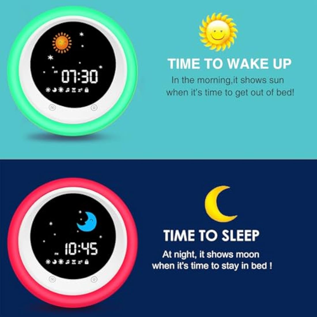 I·CODE Sun & Moon Rise Kids Alarm Clock, Children's Sleep Trainer, Sleep Sound Machine, Wake Up Light & Night Light, Teach Kids Day & Night