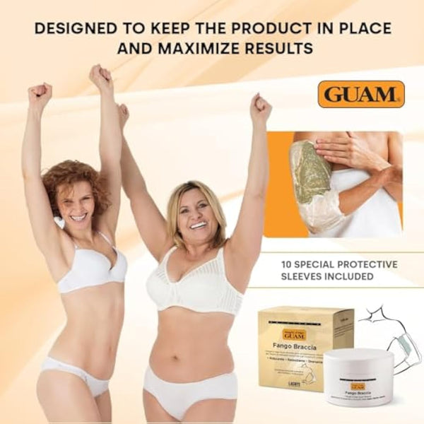 GUAM Seaweed Mud Arms Slimming Cellulite Cream – 250 ml Inner Arm Skin Firming Cream – Slimming & Draining Anti Cellulite Treatment – Improves Elasticity & Microcirculation + 10 Protective Arm Sleeves