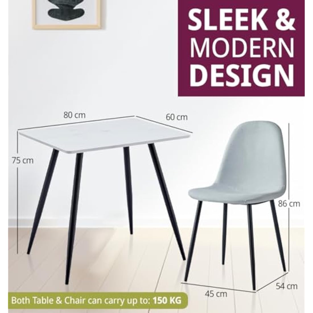 Hallowood Furniture Cullompton Small Dining Table and Chairs Set 2, (0.8m) White Marble Effect Top Kitchen Table and Chairs in Grey Fabric Upholstery and Metal Legs, Dining Room Sets for Home & Café