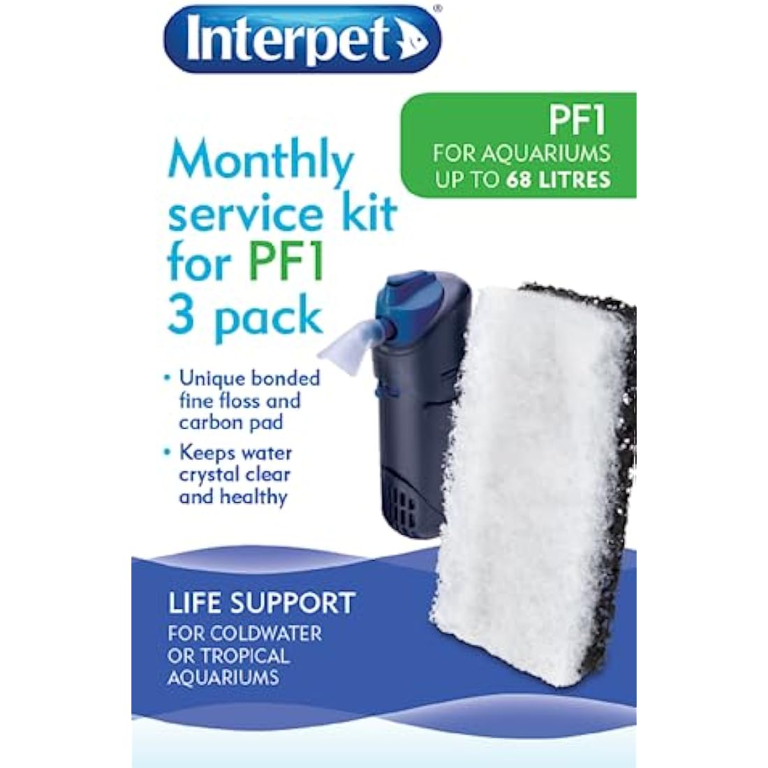 Interpet Monthly Service Kit for Interpet PF1 Aquarium Power Filter, floss and carbon bonded replacement foams (Pack of 3)