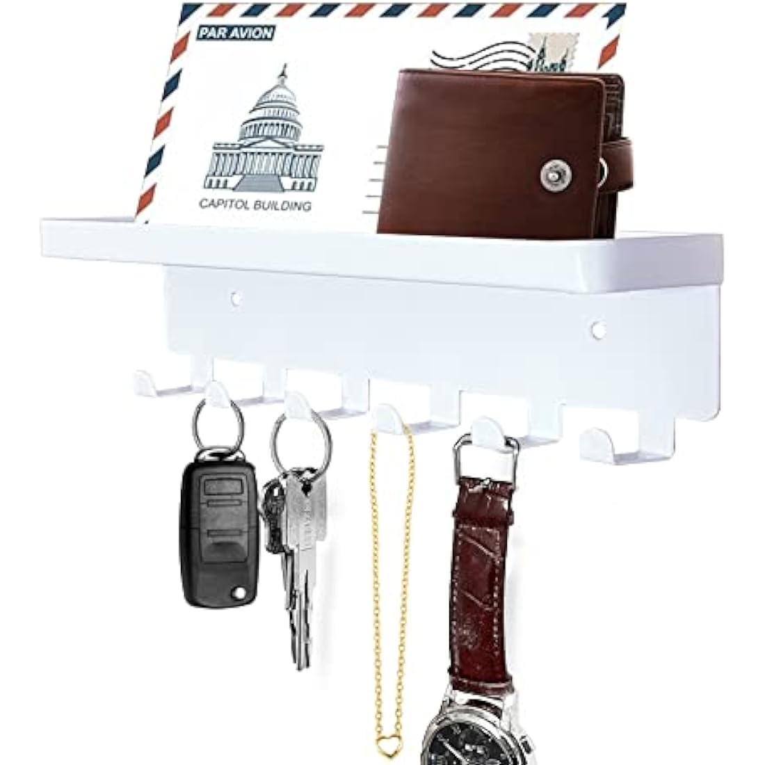 GTK Key Holder for Wall, Key Hooks with Tray and 6 Hooks, Wall Mounted Key Holder for Hallway, Key Rack with Shelf for Mail Storage (White)