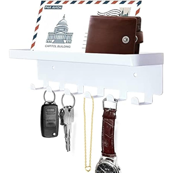 GTK Key Holder for Wall, Key Hooks with Tray and 6 Hooks, Wall Mounted Key Holder for Hallway, Key Rack with Shelf for Mail Storage (White)