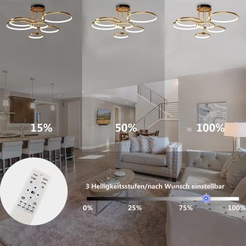 EIDEARAY LED Ceiling Light，Modern Nest Design Ceiling Lamp Dimmable with Remote Control Lamp Golden Ring Ceiling Lighting Apply Living Room Kitchen Hallway Balcony Dining Room (Six Rings)